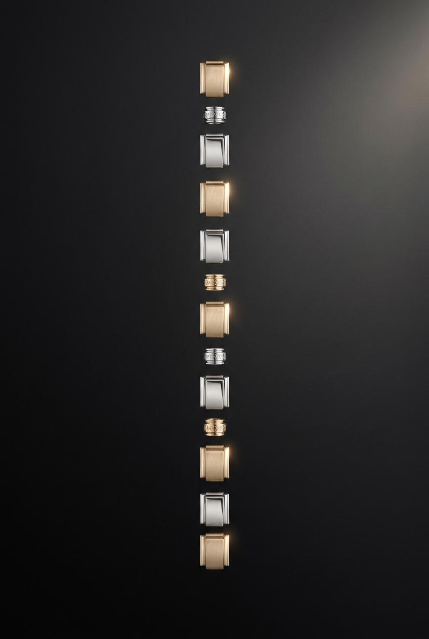 Selected TENLUMA design shown as a minimal straight vertical sequence of gold and silver modules.