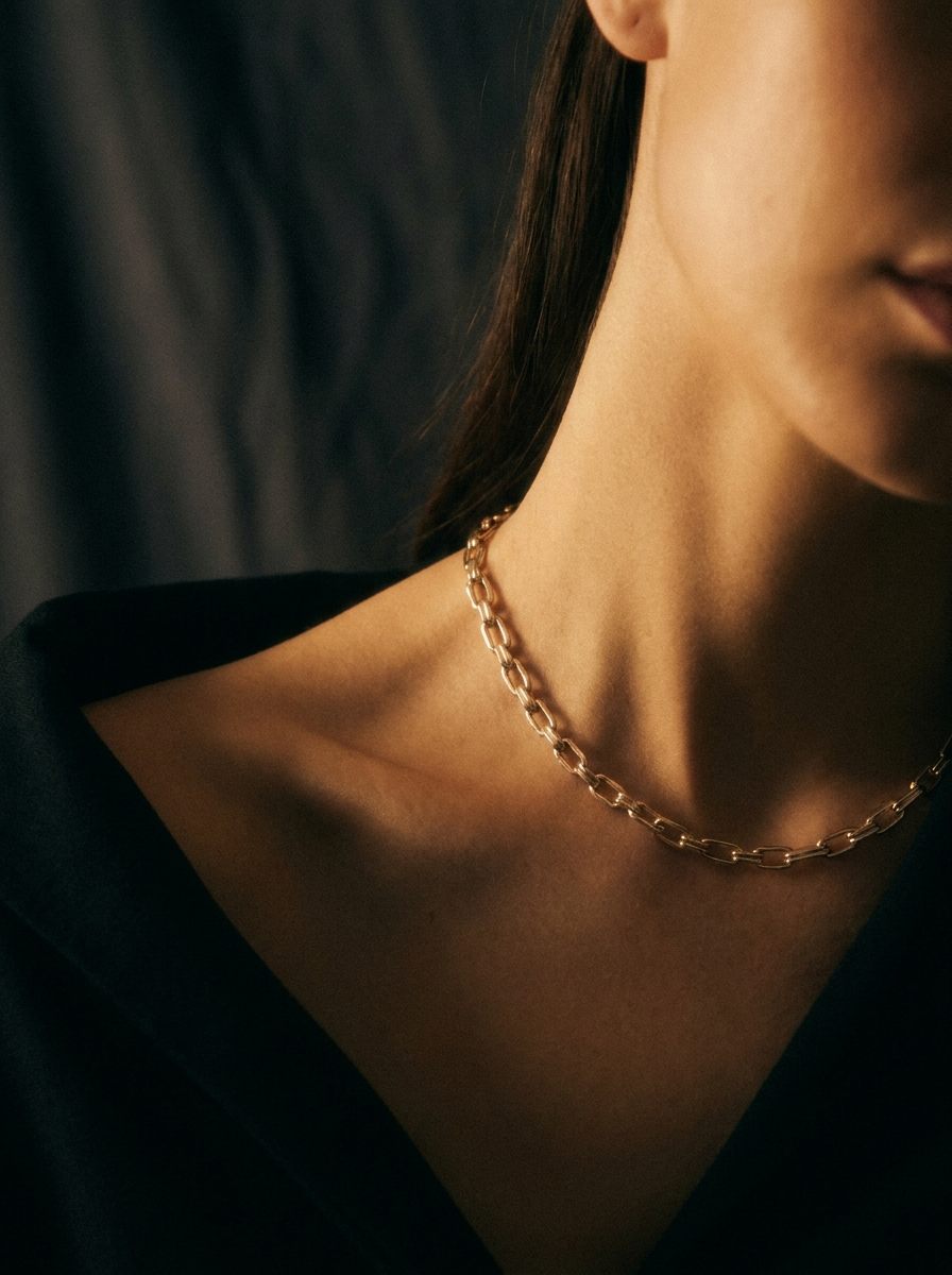 A woman wearing a TENLUMA modular gold chain in warm low light.